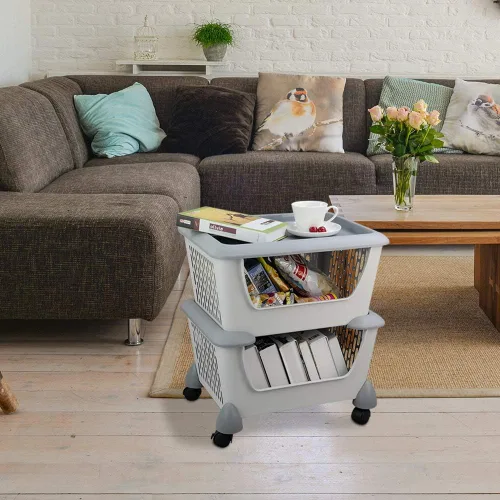 Vista 4 de Asking Cesta de almacenamiento apilable de cocina de plástico gris, cesta organizadora apilable de 3 niveles con ruedas