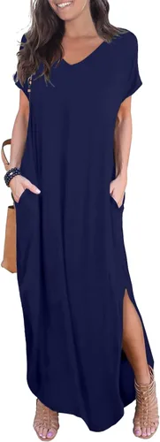Vista 17 de GRECERELLE - Vestido largo para mujer, holgado, con bolsillos, manga corta y abertura lateral, estilo informal Verde militar