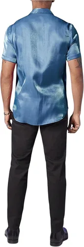 Vista 2 de WDIRARA Camisas de satén de seda metálica con botones y manga corta con cuello para hombre