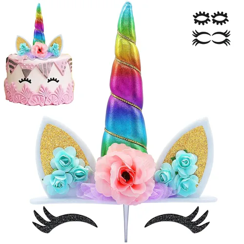 Vista 11 de Decoración de pastel de unicornio para niñas, decoración de cumpleaños de cuerno de unicornio dorado con pestañas, 5.8 pulgadas