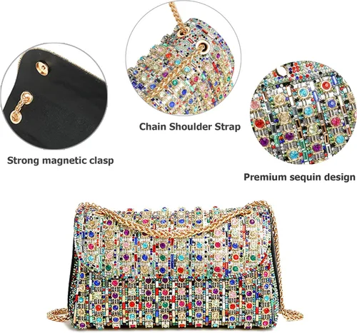 Vista 5 de Bolsos de mano con diamantes de imitación para mujer, bolsos de hombro con cadena, bolsas de noche brillantes para cóctel, graduación, fiesta, boda