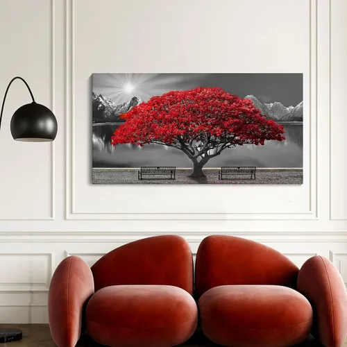 Vista 8 de Mofutinpo Arte de Pared de Árbol Rojo en Blanco y Negro Impresión en Lienzo Cuadro Paisaje de Árbol Rojo Grande Obra de Arte Moderna para Sala