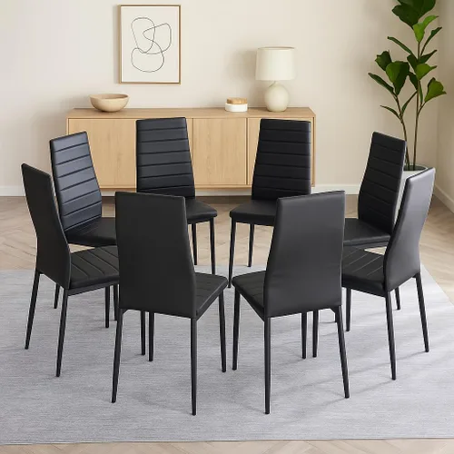 Vista 6 de Juego de sillas de comedor de 6 piezas, cuero sintético negro moderno, respaldo alto tapizado, marco de acero, cocina cómoda, muebles de comedor