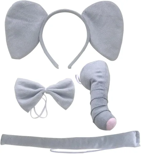 Vista 7 de Disfraz de elefante gris, diadema con orejas de nariz, coleta, corbatín y patas, falda tutú, kit de fantasía para Halloween, fiesta de cosplay