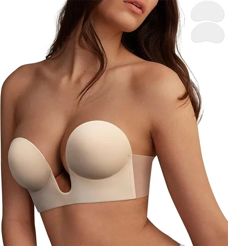 Vista 8 de Brasier adhesivo con efecto de realce de inmersión, brasier adhesivo invisible, sin tirantes en V profundo, brasier reutilizable para vestido