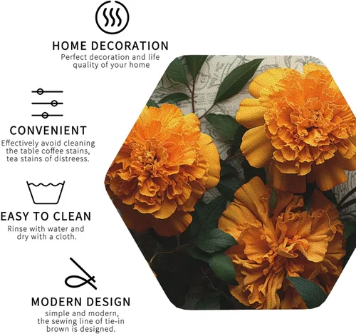 Vista 3 de 4Pcs Drink Coasters for Drinks Tabletop Protection, Marigold Leather Coaster for Kinds of Cups, Absorbent Cup Coaster for Coffee Table Home Decor 4