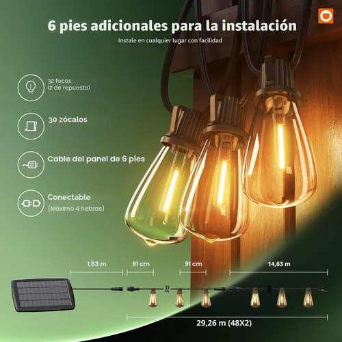 Vista 9 de addlon Luces de Cadena Solares de 102 pies (96+6) para exteriores con control remoto, 30 horas + luces de patio impermeables de larga duración, luz