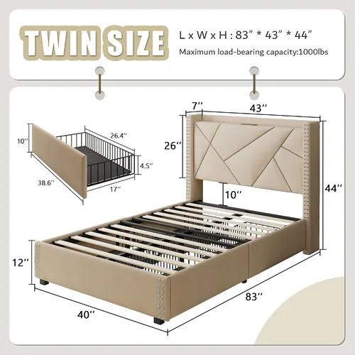 Vista 8 de iPormis Base de cama individual con 4 cajones de almacenamiento, cabecera tapizada con estación de carga, soporte de listones de madera maciza