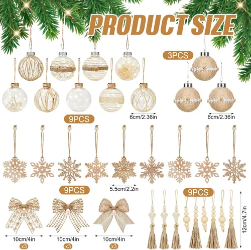 Vista 3 de 39 piezas de adornos de bola de Navidad rústicos boho, juego a granel de 2.36 pulgadas / 6 cm., bolas color champán, adornos de árbol de Navidad