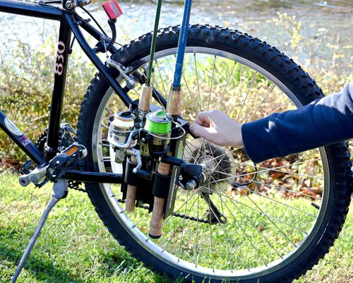 Vista 4 de Soporte para caña de pescar para bicicleta, muy fácil de montar en bicicleta, asegura 2 cañas para pescar en bicicleta