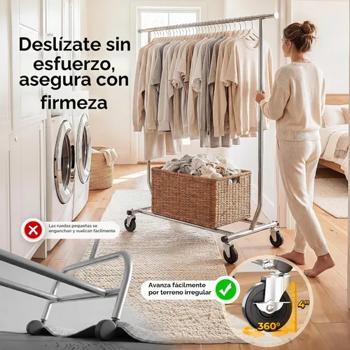 Vista 3 de HOKEEPER Perchero para ropa, percheros enrollables para colgar ropa, perchero portátil con ruedas bloqueables, perchero de ropa resistente de uso