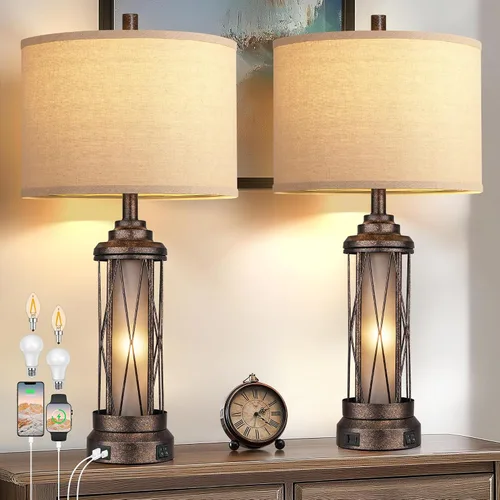 Vista 7 de QiMH - Lámparas de mesa de 26 pulgadas para sala de estar, rústicas, color bronce USB A+C Charging Ports, 4 Bulbs Included, Farmhouse Nightstand