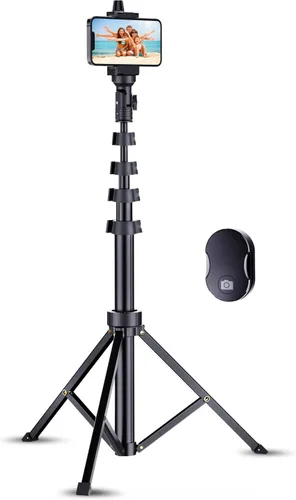 Vista 10 de Fugetek Trípode selfie stick de 62 pulgadas para iPhone, diseño estable de 4 patas, control remoto Bluetooth, palo y piernas de aluminio, ligero