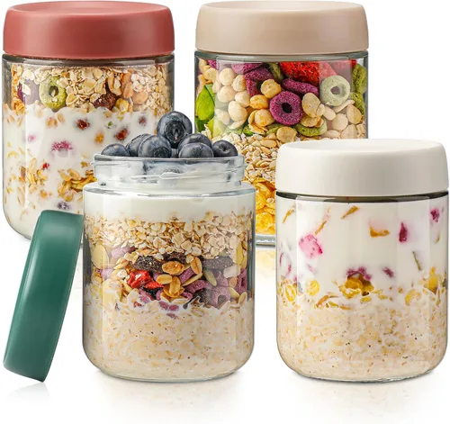 Vista 8 de DIMBRAH Recipientes de avena con tapas, tarros Mason de 16 onzas con tapas, juego de 6, práctico recipiente de avena para llevar, tarros de pudín
