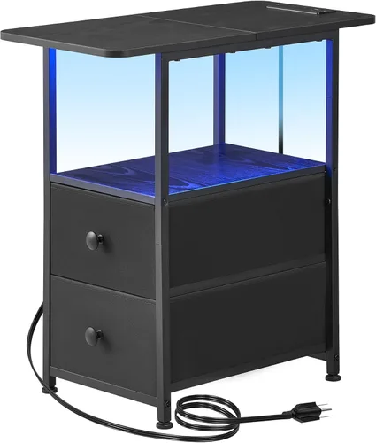 Vista 15 de DALEMHOME Mesa auxiliar estrecha con estación de carga, mesa auxiliar estrecha con cajón, mesita de noche pequeña con luz LED, mesita de noche Negro