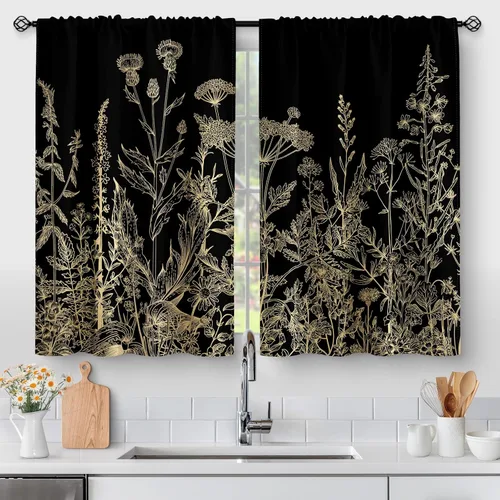 Vista 17 de Aimego - Cortinas de cocina con plantas rústicas y flores de primavera, botánicas, con hojas verdes, cortas, para cafetería, baño, con bolsillo