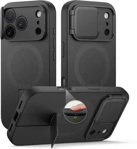 Vista 23 de SURITCH Funda para iPhone 12/12 Pro con cubierta magnética para cámara deslizante y soporte ajustable, compatible con MagSafe, funda protectora Negro