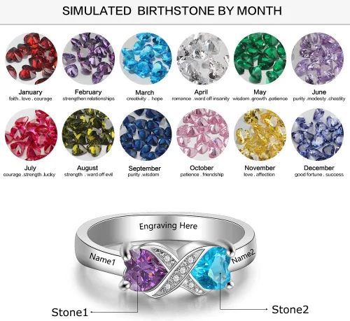 Vista 2 de Anillo personalizado para madres infinitas con 2 piedras natales de imitación de corazón, anillos de compromiso para mujer