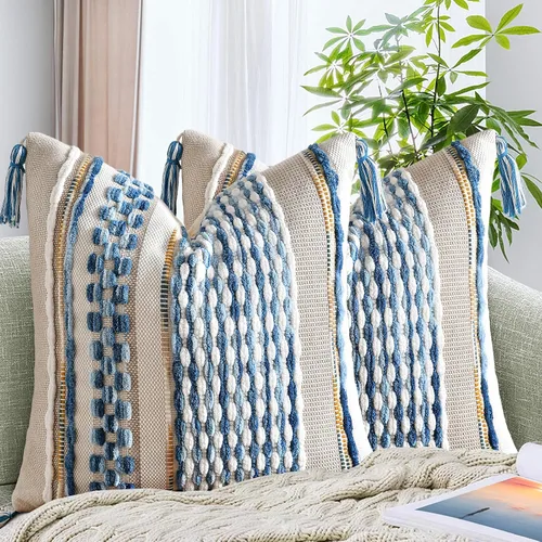 Vista 28 de AmHoo - Fundas de almohada de 18 x 18 pulgadas con borlas, fundas de almohada decorativas tejidas con textura de chenilla estilo boho para sofá