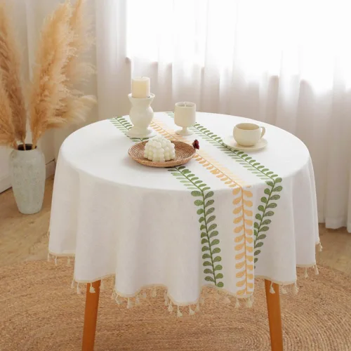 Vista 12 de AMZALI Mantel cuadrado de lino de algodón con bordado de hojas, diseño para granja, con borlas, sin arrugas, cubierta de mesa para decoración