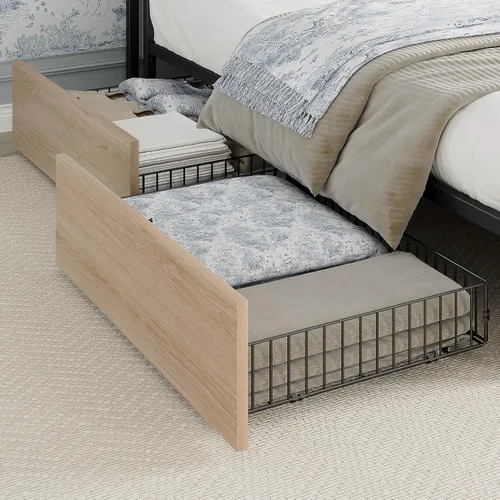 Vista 4 de LIKIMIO - Armazón de cama tamaño King con 4 cajones de almacenamiento, cama de plataforma con cabecera tapizada, resistente y estable, sin ruido,