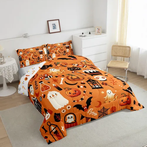 Vista 4 de Erosebridal Ropa de cama de Halloween para niños y niñas, juego de edredón espeluznante de dibujos animados, tamaño individual, relleno de edredón