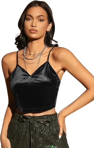 Vista 3 de SHENHE Camiseta corta sin mangas con cuello en V y malla de terciopelo para mujer