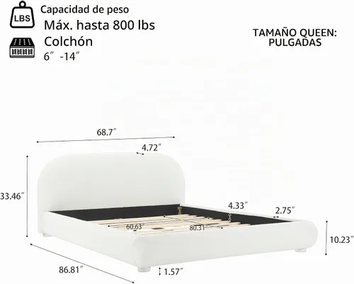 Vista 2 de Merax Cama de plataforma tapizada de tela Boucle tamaño Queen con cabecera curvada, marco de cama de madera moderno con patas cilíndricas para Crema