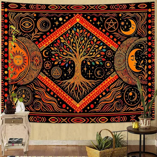 Vista 21 de Lunerfex Tapiz de árbol de la vida, tapiz de pared de fase lunar, tapices verdes para dormitorio, techo, tapices para colgar en la pared