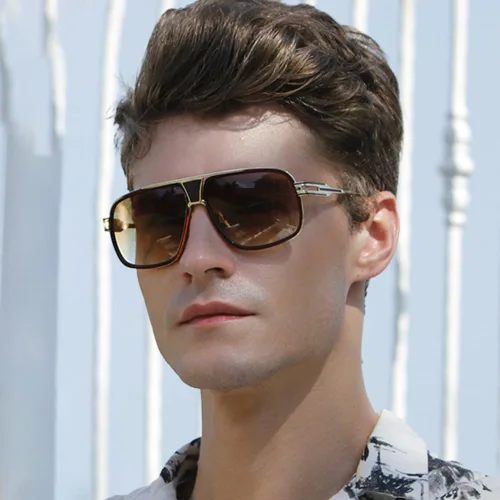 Vista 2 de Street Knitted Gafas de sol cuadradas clásicas de gran tamaño con tinte marrón vintage para hombre, lentes de sol grandes piloto con estilo retro