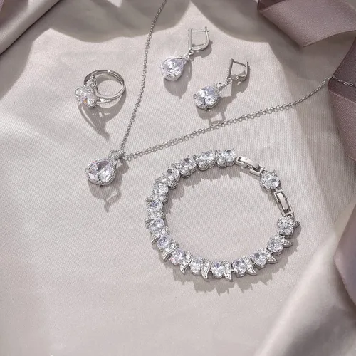 Vista 5 de EVER FAITH Juego de joyas de boda para novia, dama de honor, glamour, lágrima, circonita cúbica, collar, aretes, pulsera de tenis, juegos de anillos