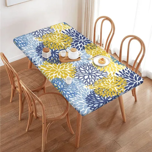 Vista 33 de Fiokroo Mantel de Flores de Crisantemo Azul, Amarillo y Azul Marino con Borde Elástico, Mantel Redondo Lavable y Reutilizable Cubierta de Mesa