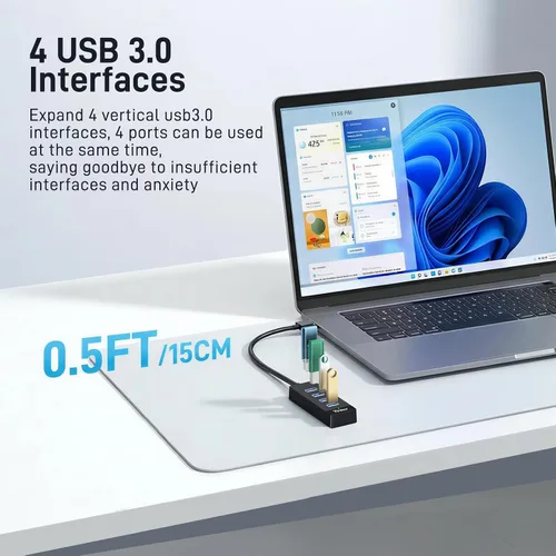 Vista 2 de Hub USB 4 puertos, múltiples concentradores USB 3.0, divisor USB-A para laptop con puerto de alimentación tipo C, extensor para un puerto portátil