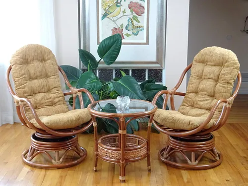 Vista 6 de Salón giratorio mecedora Bali silla de mimbre de ratán natural con cojín marrón claro, coñac