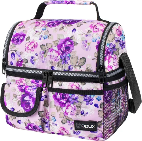 Vista 8 de Opux - Bolsa de almuerzo aislada de doble compartimento para hombres y mujeres Bolsa de almuerzo reutilizable con correa para el hombro, forro