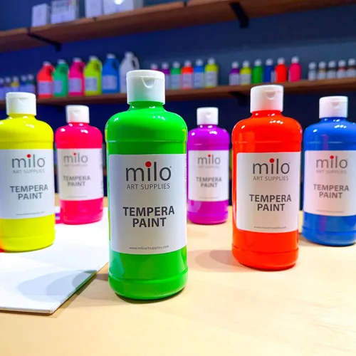 Vista 6 de milo Pintura de témpera fluorescente neón lavable, botellas de 16 onzas, 6 colores, fabricada en los Estados Unidos, brilla con luz ultravioleta