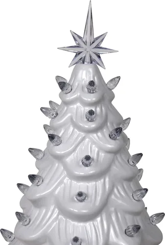 Vista 2 de Árbol de Navidad de cerámica de mesa preiluminado pintado a mano de 15 pulgadas - Decoración navideña con luces blancas - Centro de mesa perfecto