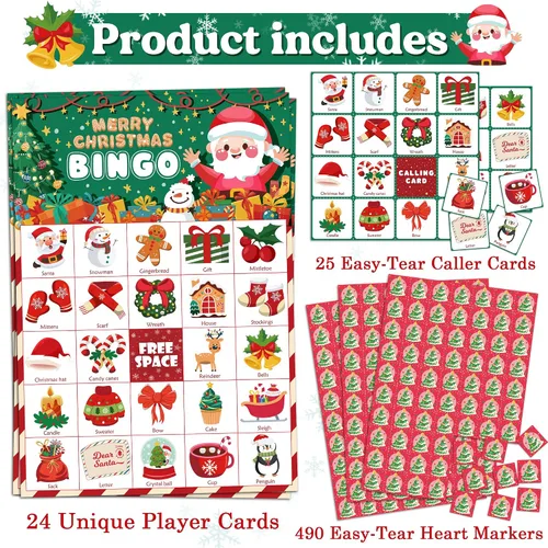 Vista 3 de OHOME Juegos de Navidad Bingo de Navidad para niños – 24 jugadores, manualidades de Navidad, actividades, regalos de fiesta para familias, regalos