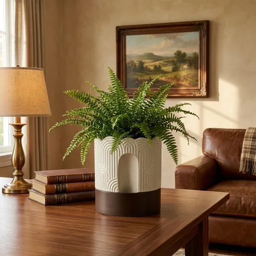 Vista 4 de Nihow - Macetas de cerámica con riego automático para plantas de interior, 6 pulgadas, color beige Visible Water Level Fill Port,Planter with