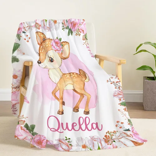 Vista 5 de Manta de bebé personalizada con ciervos florales, manta personalizada de ciervos con nombre para bebé, manta de recepción personalizada de ciervos