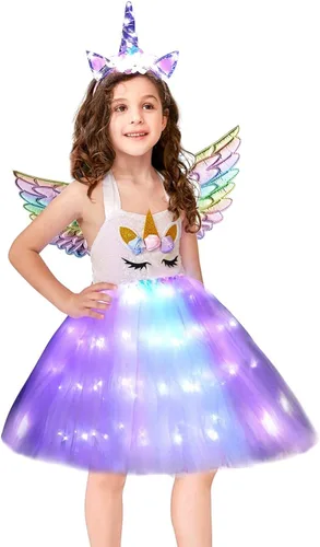 Vista 2 de Soyoekbt Girls Unicorn Costume LED Light Up Unicorn Princess Dress Birthday Party Outfit Halloween Tutu Dress with Headband