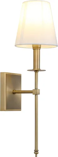 Vista 10 de PERMO Aplique de pared industrial rústico clásico individual con pantalla textil blanca acampanada y soporte de columna cónico cromado