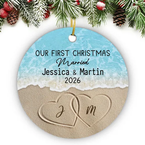 Vista 15 de Just Married - Regalo de recuerdo para recién casados, adorno de boda personalizado en la playa con nombres y fecha