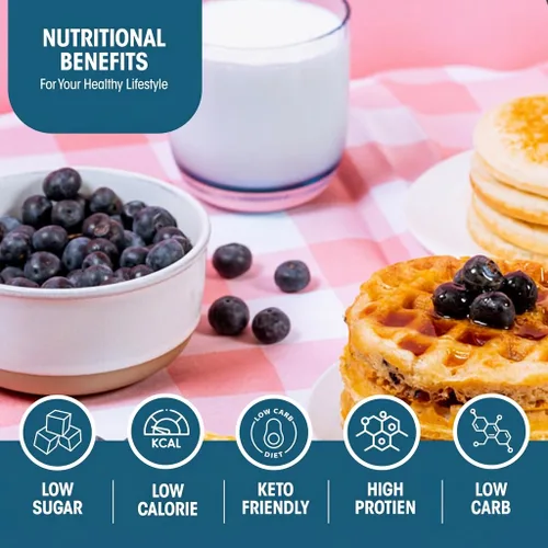 Vista 5 de Mezcla para panqueques y waffles de proteínas WonderSlim, sabor a arándano, baja en azúcar y calorías (7 unidades) High Protein Breakfast, 15g