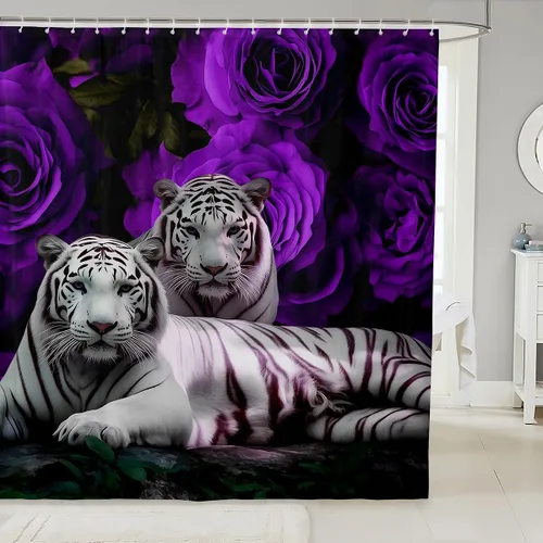 Vista 14 de Cortina de ducha con estampado de leopardo y gato con rosas rojas, 72 pulgadas de ancho x 72 pulgadas de largo, juego de cortina de ducha con flores