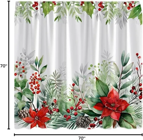 Vista 4 de Cortina de ducha de flores de Navidad, flor de pascua, bayas de acebo, acuarela, hojas de eucalipto verde, naturaleza, feliz año nuevo, invierno
