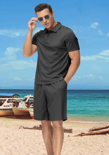 Vista 3 de MoFiz Conjunto de camiseta polo y pantalones cortos para hombre, trajes de verano, ligeros, casuales, de manga corta, traje de polo para hombre, 2