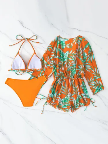 Vista 2 de SHENHE Traje de baño de 3 piezas para mujer, conjunto de bikini halter triangular, con salida de baño para la playa
