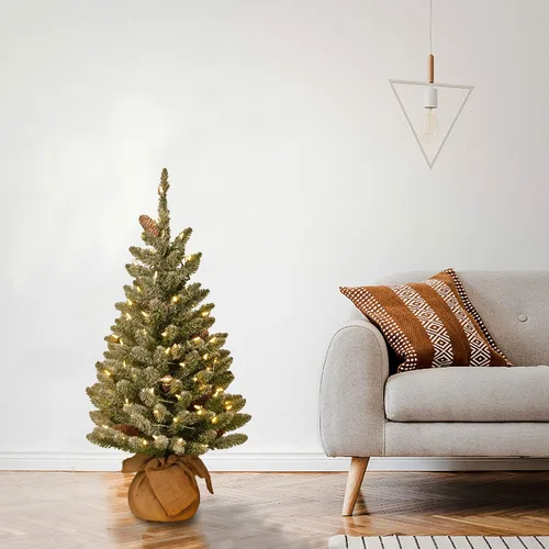 Vista 2 de National Tree Company 3ft Pre-Lit Mini Flocked Artificial Christmas Tree 50 luces LED blancas cálidas, 130 puntas, piñas, temporizador, base