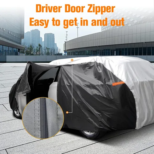Vista 6 de Funda impermeable para auto al aire libre, para todo tipo de climas, 6 capas de cubierta completa, protección contra lluvia, sol y rayos UV